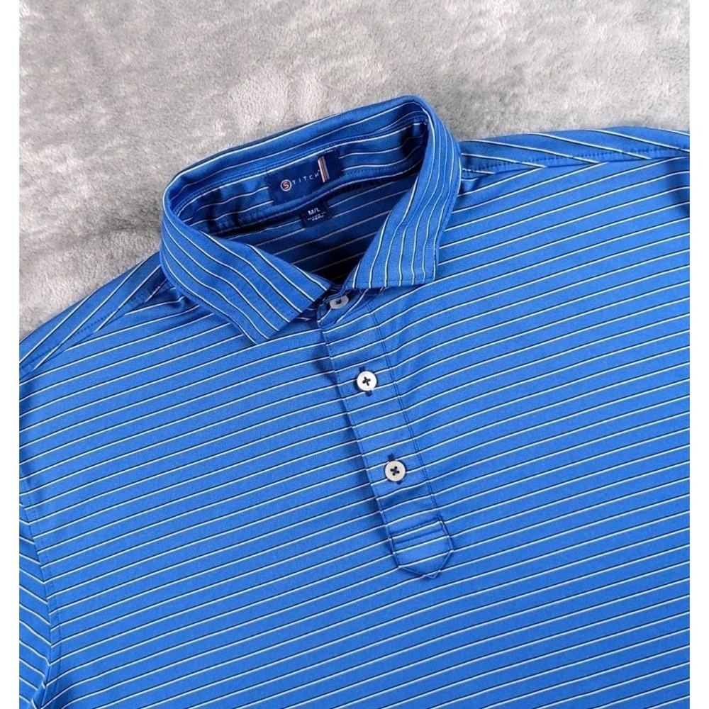 Stitch Golf Polo Shirt Men M/L Blue Stripe Short Sleeve Golf Performance Stretch